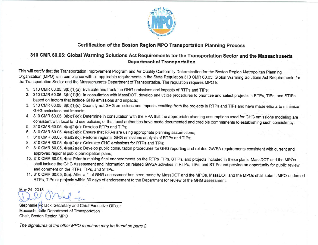 Global Warming Solution Act: These pages list the eleven requirements of State Regulation 310 CMR 60.05: Global Warming Solutions Act to be conducted by Metropolitan Planning Organizations (MPOs), and certifies that the Boston Region MPO complies with these requirements. The certification of State Regulation 310 CMR 60.05: Global Warming Solutions Act is signed by the members of the Boston Region MPO members, with the exception of: